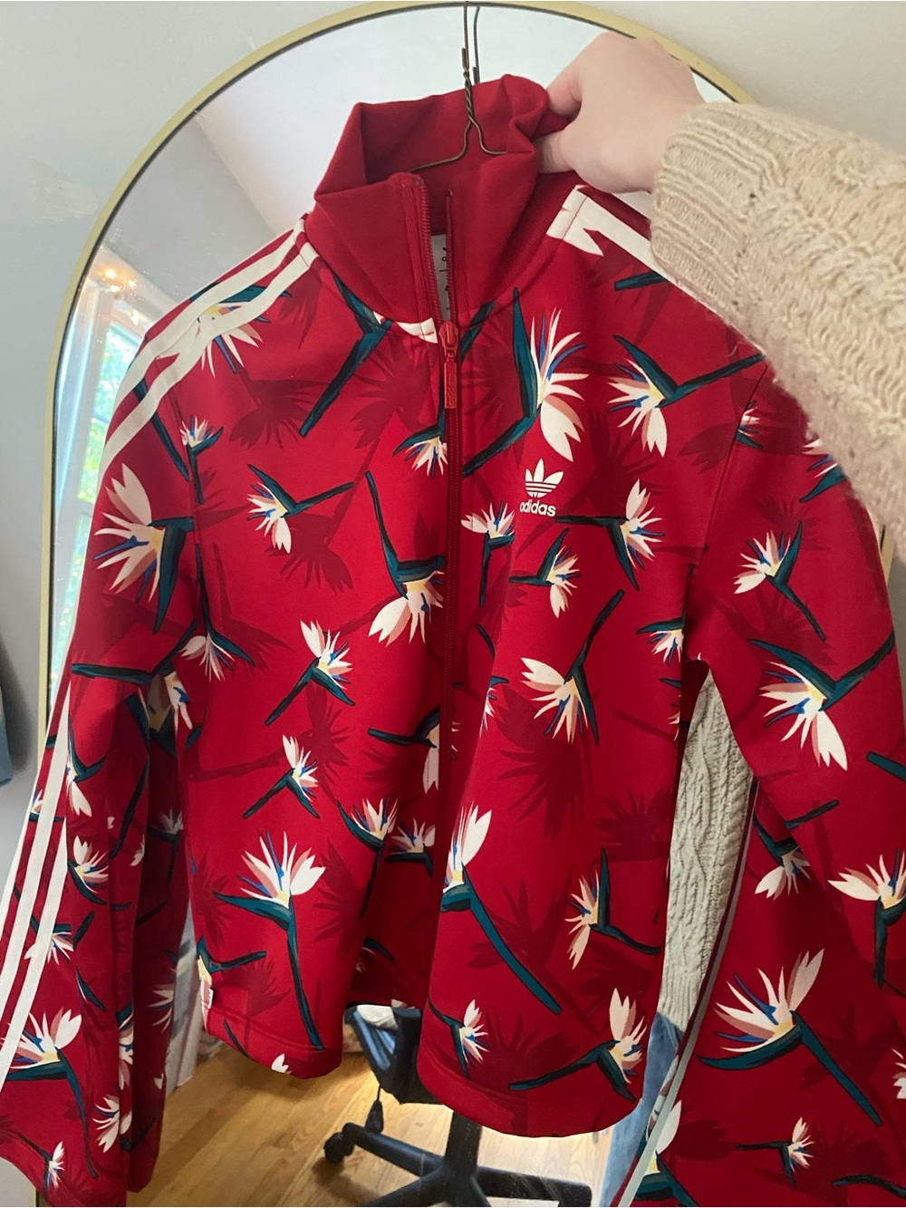 adidas Red Floral Bomber Track Jacket with White Stripes